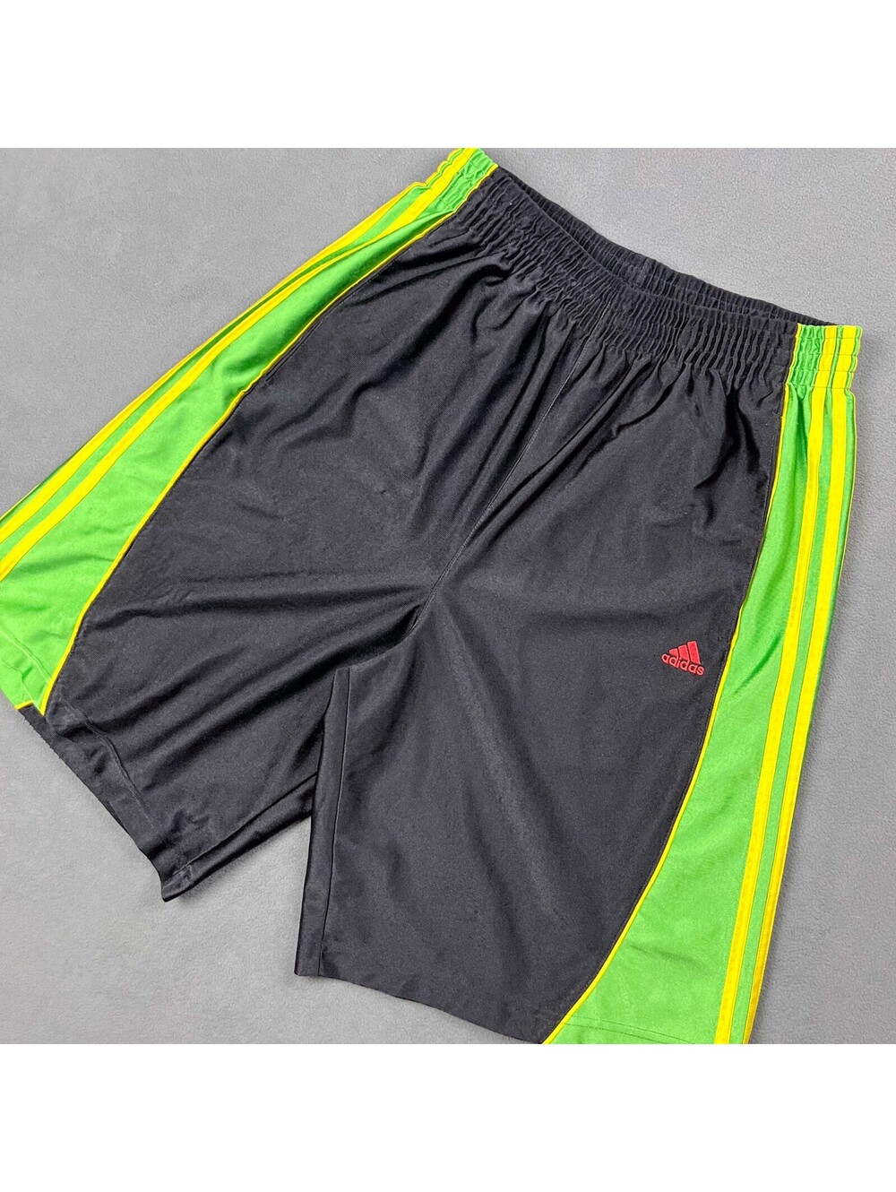 Adidas Basketball Shorts, Black with Green and Yellow Stripes